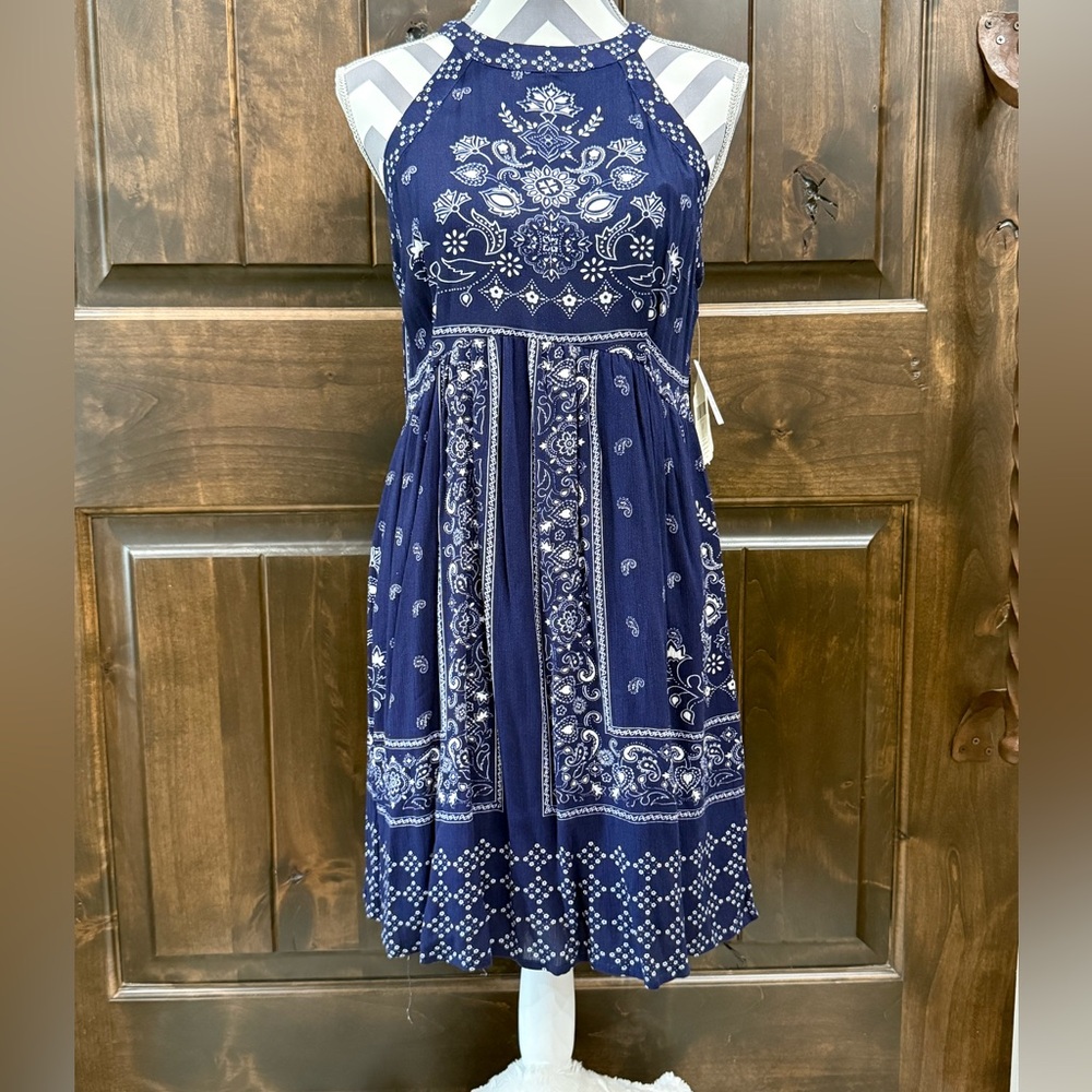 Altar'd State Navy Bandana Halter Midi Dress